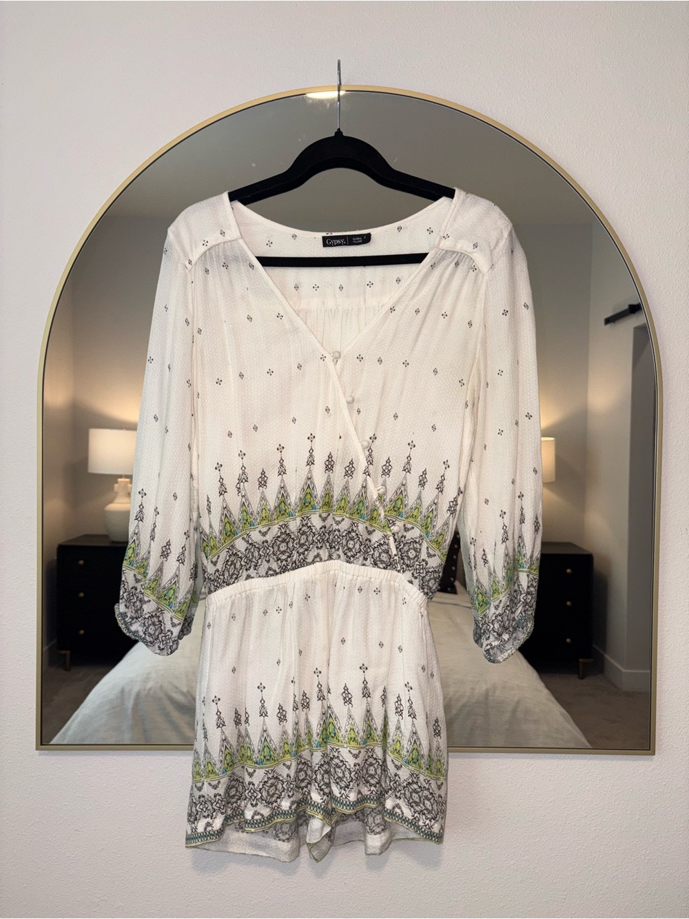 Gypsy 05 White Mini Skort with Green & Gray Border Print ~ Boho